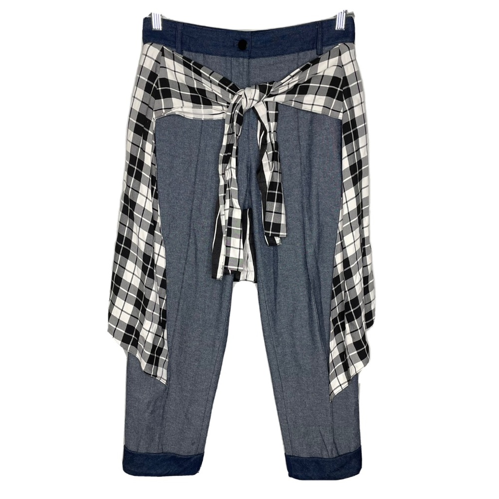 Hellessy Signature Tie Waist Plaid Print Draped Ankle Denim Pants In Blue Size 6